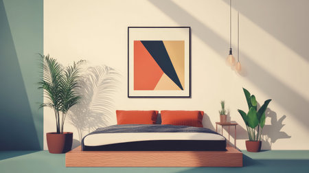 A modern bedroom design showcasing minimalist decor, with a stylish platform bed, geometric wall art, and potted plants, emphasizing simplicity and elegance in interior design.の素材