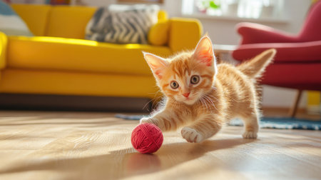 A playful scene of a kitten chasing a ball of yarn on a hardwood floor, capturing the fun and energy of playful pets in a bright and cheerful living room.の素材