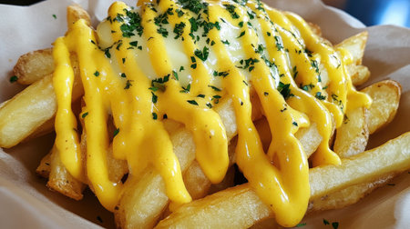 A mouthwatering shot of French fries drizzled with spicy aioli, garnished with parsley, showcasing an elegant presentation of a beloved snackの素材