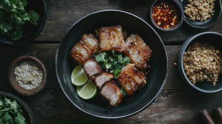 A rustic table setting featuring a bowl of fried pork belly, garnished with lime and herbs, surrounded by traditional Thai condiments and sidesの素材