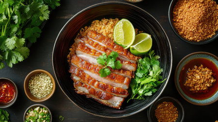 A rustic table setting featuring a bowl of fried pork belly, garnished with lime and herbs, surrounded by traditional Thai condiments and sidesの素材