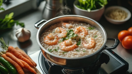 A serene kitchen scene with a pot of shrimp rice porridge simmering on the stove, surrounded by fresh ingredients ready for garnishing and servingの素材