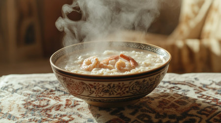 A side view of a bowl of shrimp rice porridge with steam rising, set on a patterned tablecloth, conveying a cozy and inviting meal atmosphereの素材