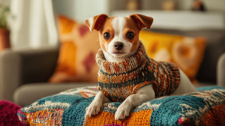 A small dog in a stylish sweater posing on a colorful cushion, showcasing its fashionable side and adorable personality in a well-decorated home environment.の素材
