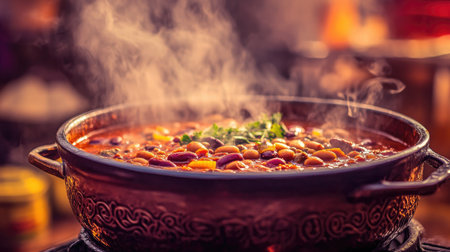 A steaming pot of chili on the stove, with spices and beans visible, inviting viewers to imagine the rich flavors and warmth of a homemade mealの素材