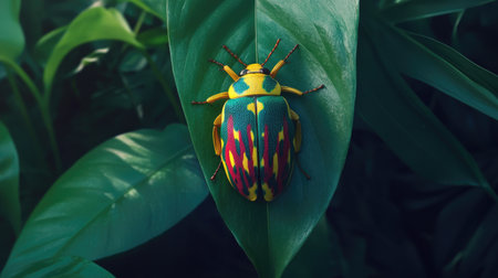 A striking macro photograph of a colorful beetle resting on a leaf, showcasing its intricate patterns and textures, highlighting biodiversityの素材