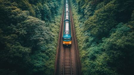 A striking aerial view of an electric train navigating through a lush forest, highlighting the contrast between technology and nature in rail travelの素材