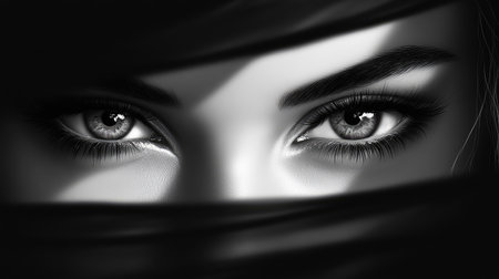 A striking portrait highlighting the expressive eyes of a woman, framed by long eyelashes, with a soft focus on the background to emphasize her gazeの素材