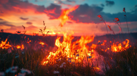 A stark contrast of a burning field against a sunset sky, with vibrant colors of orange and red reflecting the chaos of the fire in a serene backdropの素材