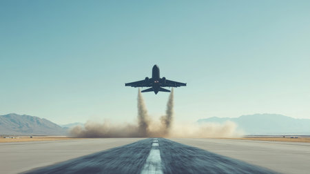 A panoramic view of an airplane taking off from a runway, with smoke trailing behind as it ascends into the clear blue sky, symbolizing the thrill of flightの素材
