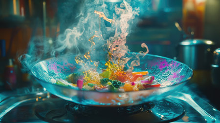 A sizzling frying pan on a stovetop, filled with colorful vegetables and sizzling oil, steam rising from the hot surface, creating a vibrant cooking sceneの素材