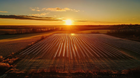 A sunset view of solar panels in a rural setting, casting long shadows across a field, evoking a sense of harmony between technology and nature in the quest for renewable energyの素材
