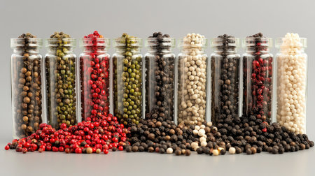 A vibrant arrangement of various peppercorns, including black, white, and green, displayed in elegant glass jars against a soft, neutral backgroundの素材
