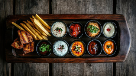 A top-down view of French fries on a wooden platter, with a variety of dipping sauces in small bowls, emphasizing the fun and shareable nature of this snackの素材