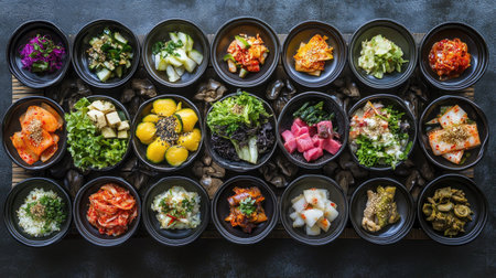 A table filled with an assortment of banchan (side dishes), including pickled vegetables and kimchi, beautifully displayed in small bowls, emphasizing the variety in Korean meals.の素材