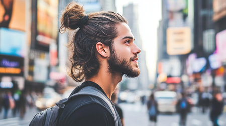 A trendy long hairstyle tied back into a man bun, emphasizing the contrast between casual and sophisticated, set against a blurred urban backdropの素材