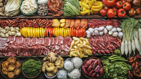A vibrant display of fresh mookata ingredients, including thinly sliced meats, colorful vegetables, and seafood arranged neatly around a traditional grill, inviting and deliciousの素材