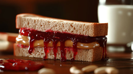 A mouthwatering peanut butter and jelly sandwich filled with creamy goodness. Served on wooden table, this treat is perfect for snacks or lunches.の素材