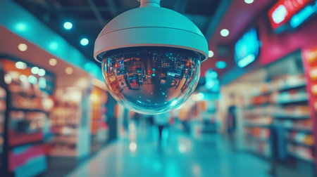 A close-up view of a modern CCTV security camera in a shopping mall. The camera reflects ambient light and surrounding shops, emphasizing the importance of safety and surveillance in retail spaces.の素材