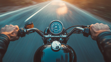 Experience the thrill of a motorcycle ride captured from the handlebars. The sunset bathes the open road in golden light, symbolizing freedom and adventure.の素材