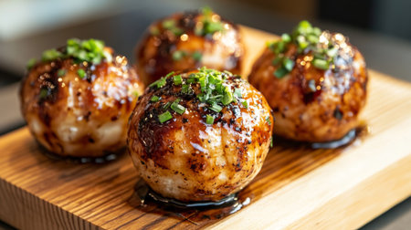 Enjoy the delectable experience of takoyaki balls topped with fresh scallions, served on a wooden platter. A unique Japanese street food delight!の素材