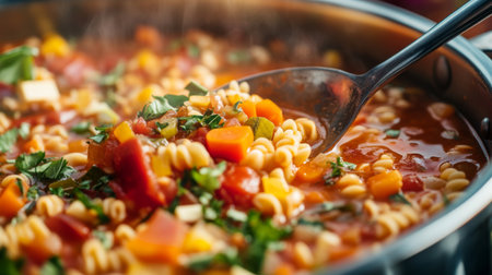 A vibrant and appetizing bowl of freshly cooked pasta soup featuring colorful vegetables, aromatic herbs, and steam rising from the dish, perfect for a comforting meal.の素材