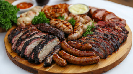 A delicious assorted grill platter featuring juicy meats, sausages, and fresh herbs, perfect for outdoor gatherings, barbecues, or festive celebrations.の素材
