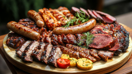 A tempting assortment of grilled meats arranged beautifully on a wooden platter, featuring sausages, ribs, and steak, garnished with fresh herbs and vegetables.の素材