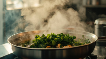 A vibrant scene of fresh herbs sizzling in a frying pan creates aromatic steam in a busy kitchen, showcasing the essence of healthy cooking and flavor enhancement.の素材