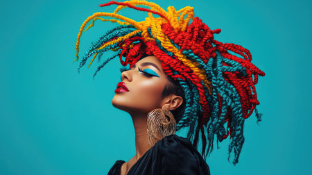 A vibrant photo of a woman with bold, colorful hair extensions styled in a dramatic fashion, highlighting the playful and creative aspects of modern hairstylesの素材
