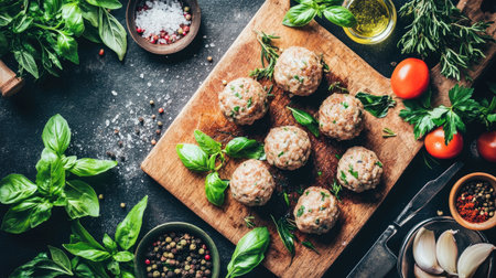 A warm and inviting image of fried meatballs displayed on a wooden cutting board, with herbs and spices scattered around, showcasing the essence of homemade snacksの素材