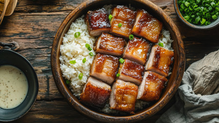 A warm and inviting image of fried pork belly served with a side of steamed jasmine rice, creating a comforting meal experience on a rustic tableの素材
