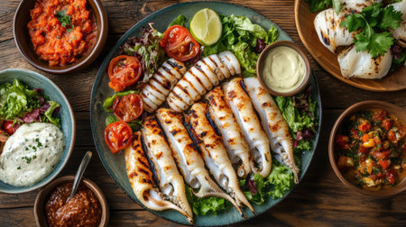 An appetizing display of a squid barbecue feast, featuring grilled squid alongside fresh salads and dipping sauces, emphasizing the freshness and variety of the mealの素材