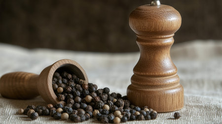 An artistic shot of whole peppercorns and a wooden pepper mill, emphasizing the contrast between the natural elements and the kitchen toolsの素材