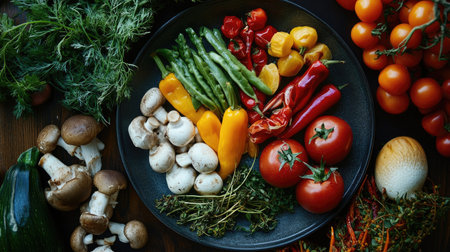 An artistic display of shabu ingredients, including colorful vegetables, mushrooms, and seafood, arranged beautifully on a dark plate, highlighting their freshnessの素材