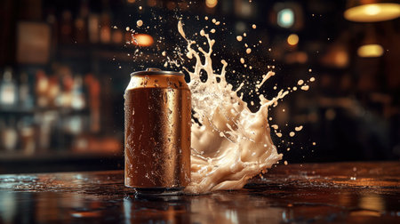 An artistic composition of an open beer can spilling onto a bar top, with frothy liquid splashing, emphasizing the excitement of a celebrationの素材