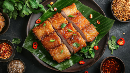 An artistic composition featuring a plate of fried pork belly, surrounded by fresh herbs, spices, and sauces, emphasizing the culinary delights of Thai cuisineの素材