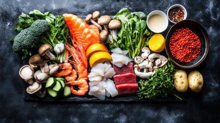 An artistic display of shabu ingredients, including colorful vegetables, mushrooms, and seafood, arranged beautifully on a dark plate, highlighting their freshnessの素材