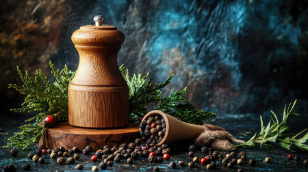 An artistic shot of whole peppercorns and a wooden pepper mill, emphasizing the contrast between the natural elements and the kitchen toolsの素材