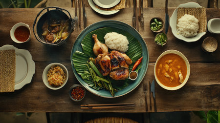A warm and inviting image of a traditional Thai meal featuring som tam, grilled chicken, and sticky rice on a rustic table, capturing the essence of Thai diningの素材