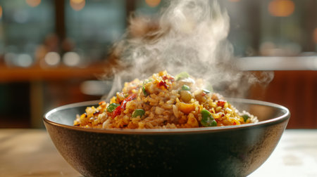 Enjoy a steaming bowl of flavorful fried rice, brimming with fresh vegetables and aromatic ingredients. Perfect for any meal occasion.の素材