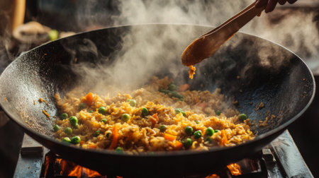 A stunning image of fried rice preparation in a wok, showcasing colorful vegetables and steam rising, inviting viewers to enjoy the vibrant culinary scene.の素材