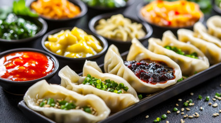 A delectable arrangement of dumplings served with various colorful dips and toppings, perfect for any meal or celebration, showcasing culinary artistry and flavor.の素材