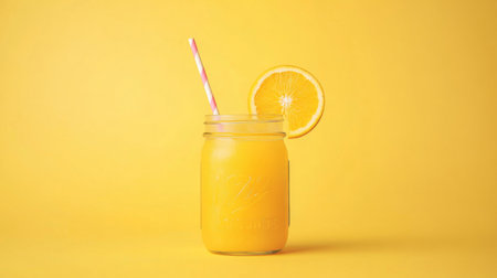 Bright and refreshing orange juice displayed in a glass jar with a straw and a slice of orange. Perfect for summer, breakfast, or a healthy drink option.の素材