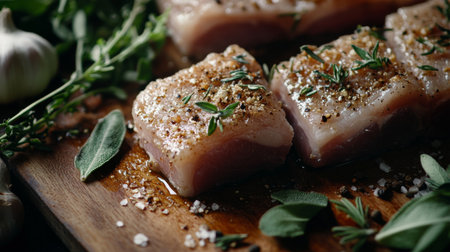 Close-up of raw meat slices seasoned with herbs and spices, ready for cooking. Fresh ingredients are featured on a wooden board with garlic and greenery.の素材
