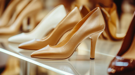 A stunning collection of elegant high heels showcases timeless design and style in a well-lit retail store, perfect for fashion enthusiasts and shoppers.の素材