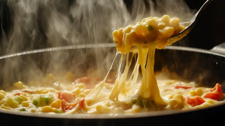 This image showcases a steaming bowl of creamy macaroni with melting cheese and colorful vegetables, capturing the essence of comfort food and culinary delight.の素材