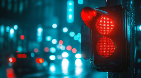 A vibrant red traffic light glows amidst a bustling city street at night. The bokeh effect from distant lights creates a dynamic urban atmosphere.の素材