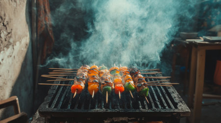 Delicious skewers of colorful vegetables and meat sizzling on a grill, surrounded by rising smoke, evoke a vibrant outdoor cooking atmosphere.の素材