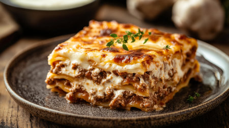 This inviting homemade lasagna features layers of rich meat and creamy cheese. Perfect for family gatherings, it embodies comforting Italian cuisine.の素材